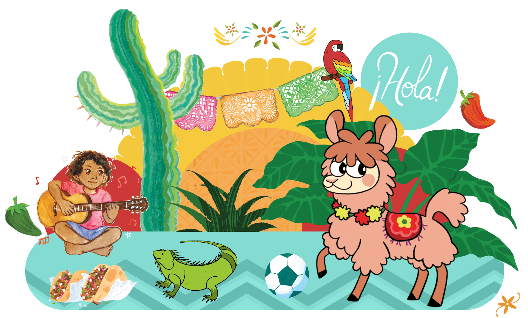A colorful illustration featuring a child playing guitar, a llama, an iguana, a parrot, and various mexican cultural elements like a cactus and papel picado, with the word 