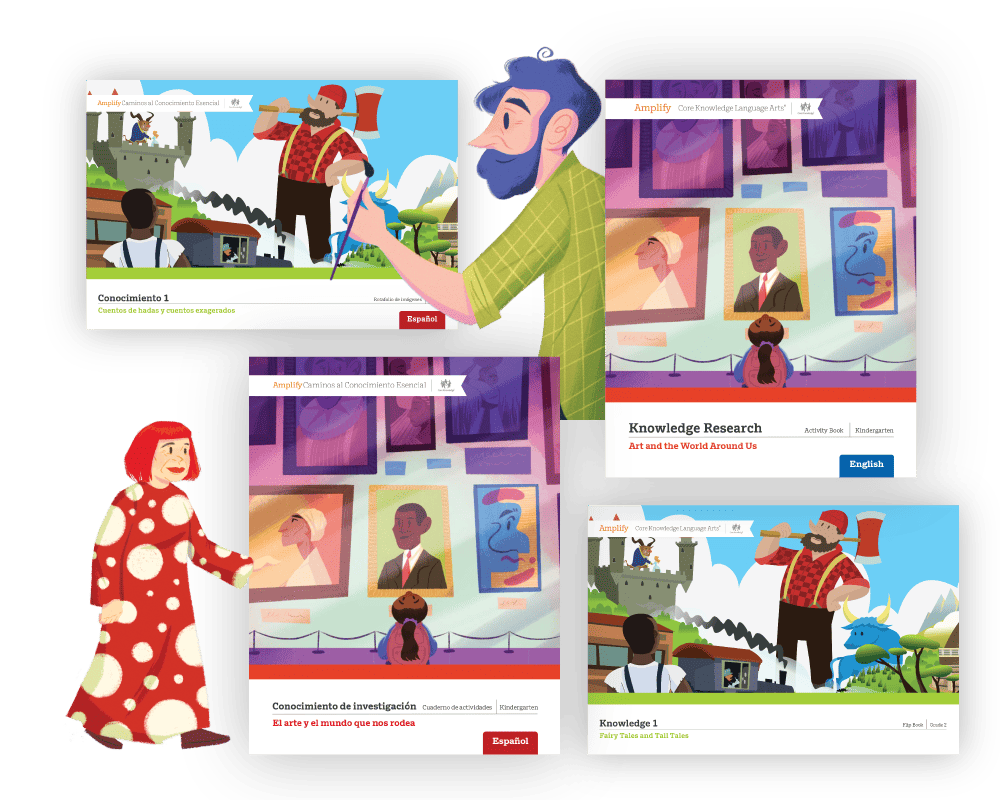 A collage of digital illustrations depicting various storytelling scenes, including a knight, a scientist, and a couple, each in vibrant colors.