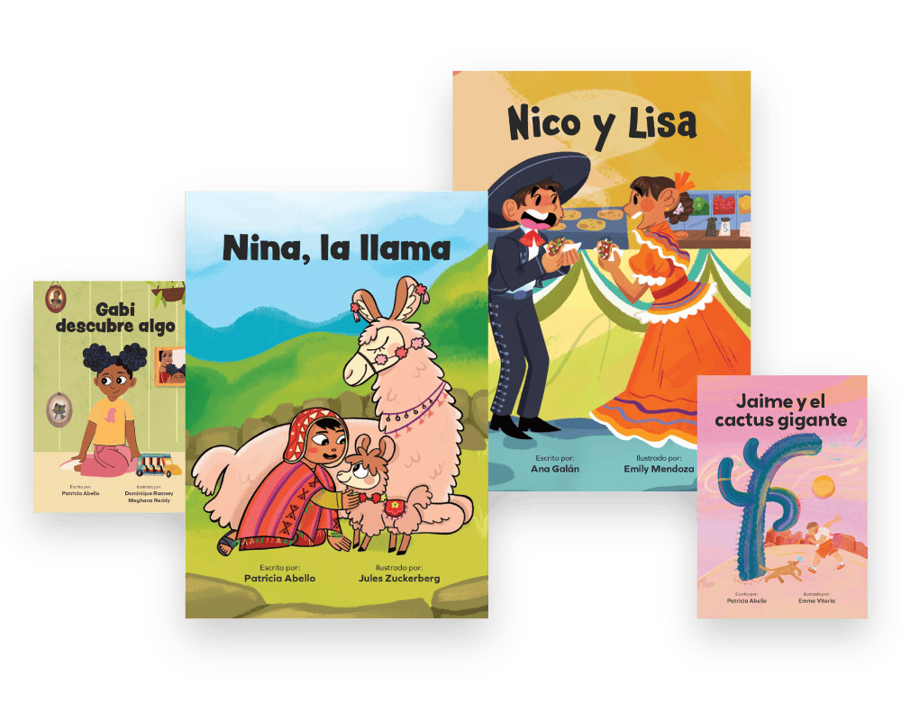 A collage of five colorful children’s book covers with titles in spanish, featuring diverse characters and themes, including animals and cultural elements.