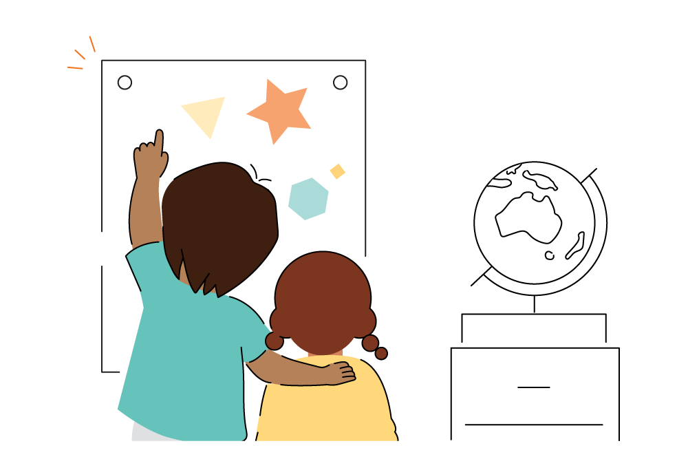 Two children, one pointing at a science of reading poster, standing beside a desk with a globe.