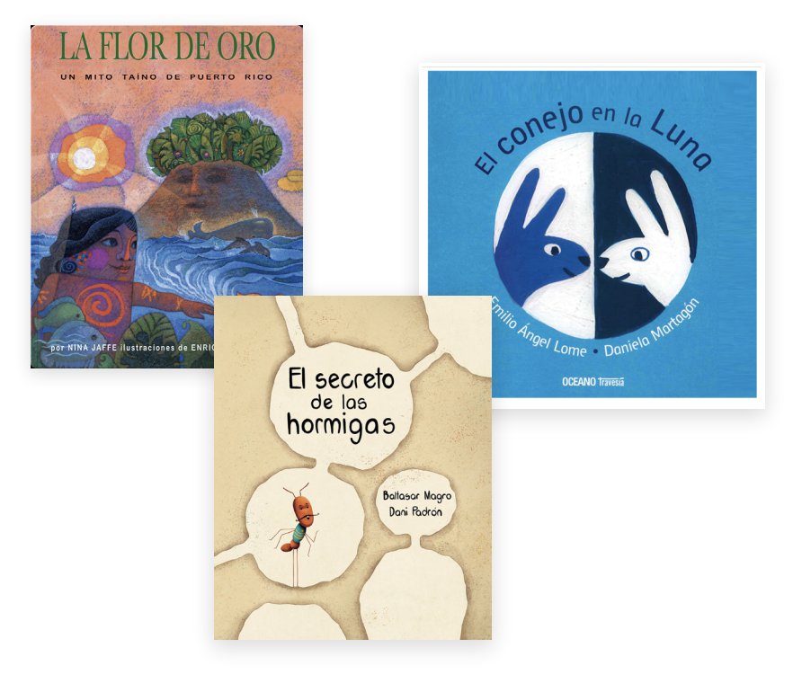 Three book covers displaying children's books in spanish, each featuring colorful and stylized illustrations related to cultural stories.