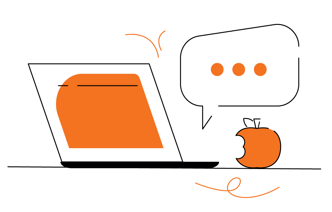 A stylized illustration of an open laptop with a speech bubble containing three dots next to an orange apple on a table.