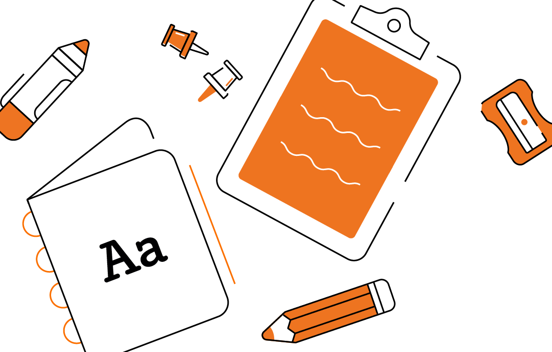Illustration of office supplies including a clipboard with notes, notepad, pencils, a sharpener, and push pins, all in an orange and gray color scheme.
