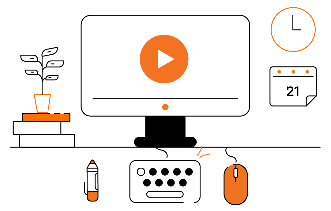 Illustration of a desktop setup with a computer displaying a play button, accompanied by a mouse, keyboard, plant, and a calendar marked 21.
