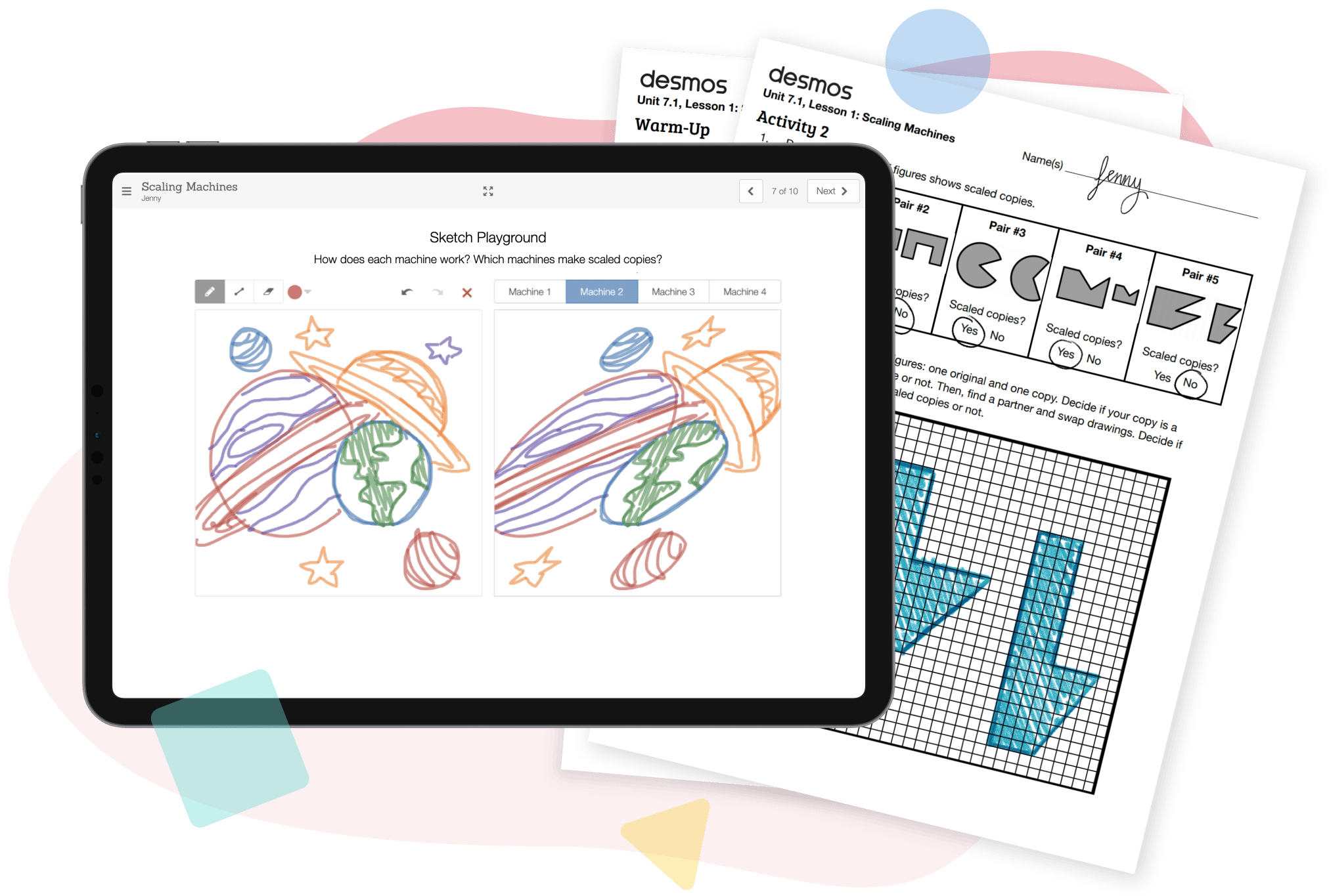 Tableta que muestra una actividad ilustrativa de bocetos matemáticos con dibujos coloridos y papeles con ejercicios matemáticos y notas detrás.