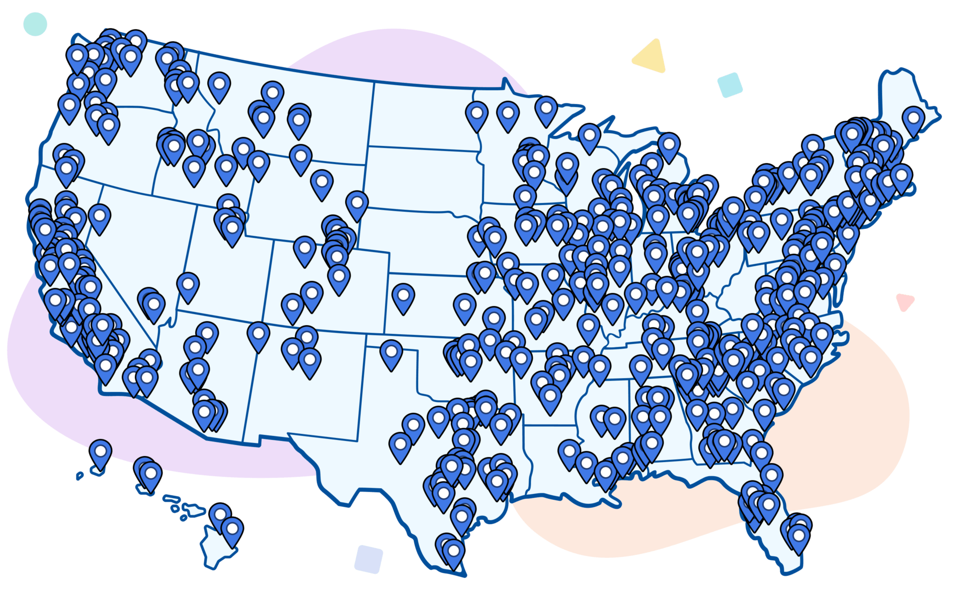 Map of the USA with marked locations across all states, illustrated in a clear vector style with blue pins and a multicolored background inspired by illustrative mathematics.