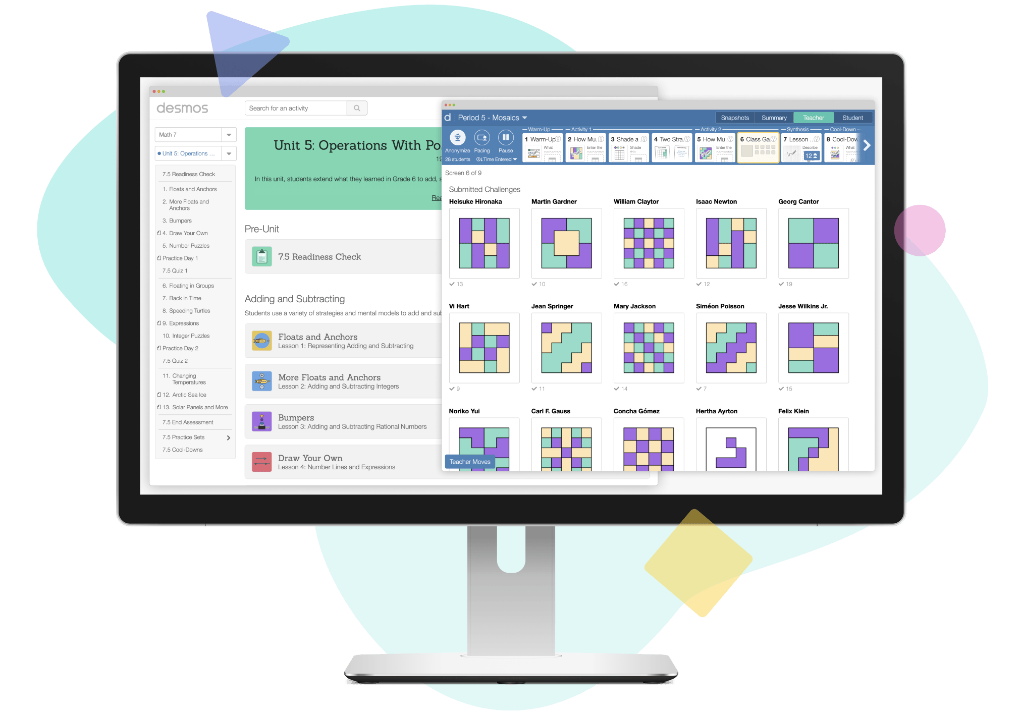 Computer screen displaying a colorful educational program for teaching operations with polynomials, featuring various interactive modules and Illustrative Mathematics exercises.