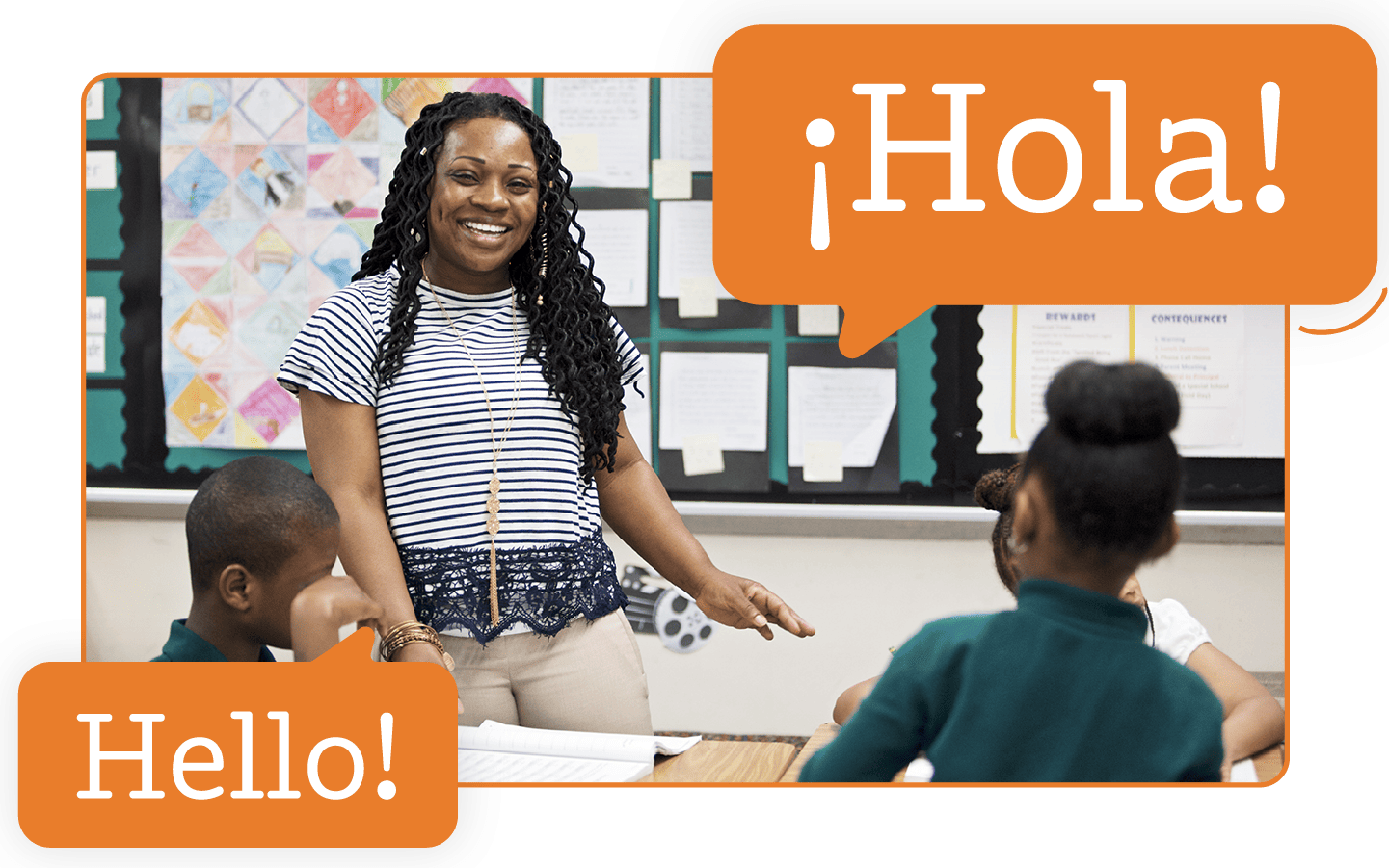 A teacher smiling at her students in a classroom with speech bubbles saying 