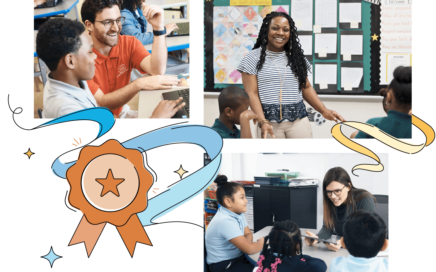 Two images split by a ribbon and badge design; left shows a male teacher with students, right shows a female teacher with students, both in classroom settings.