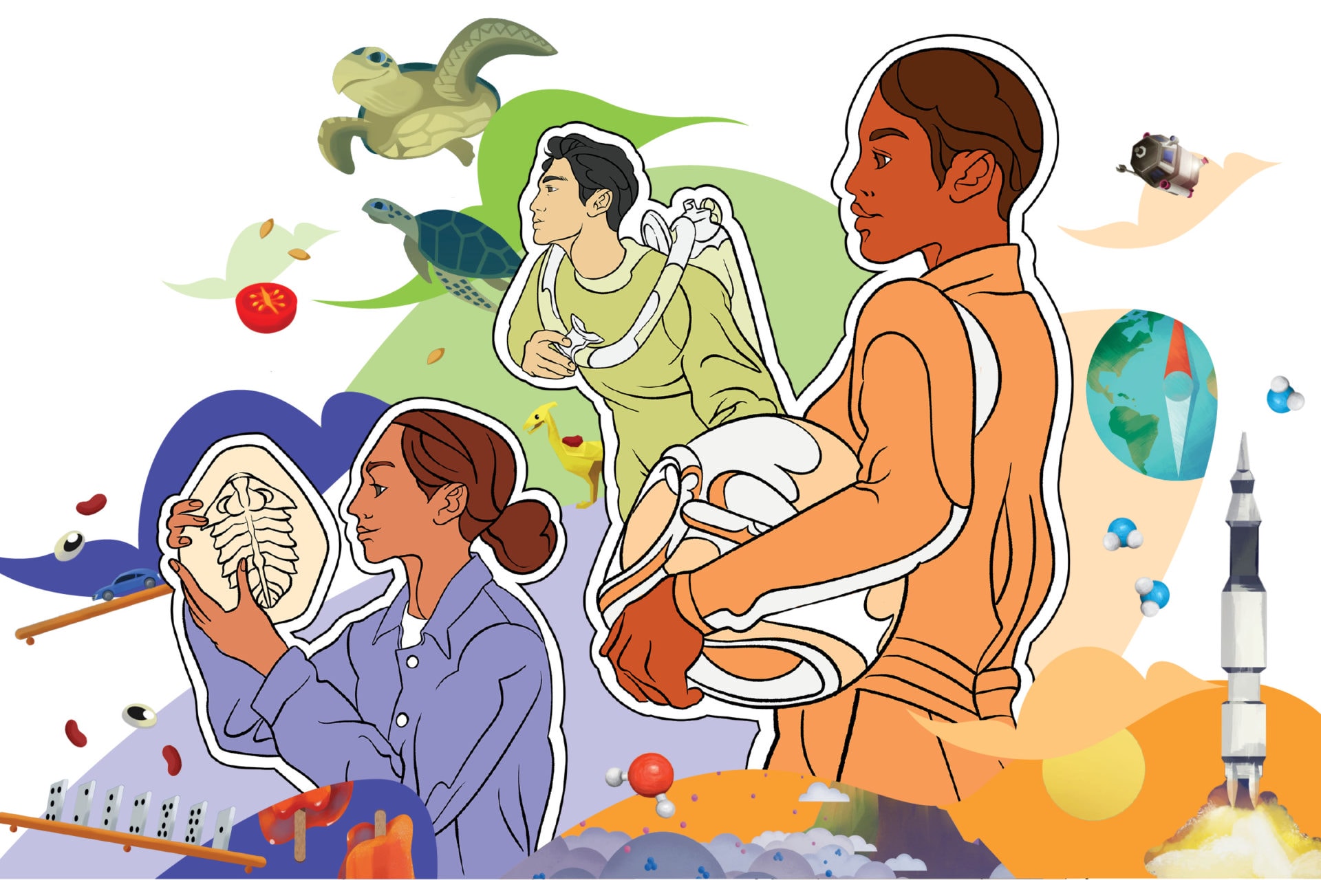 Illustration of diverse people engaged in various activities, including learning in the science classroom and space exploration, with elements like a sea turtle and space shuttle.