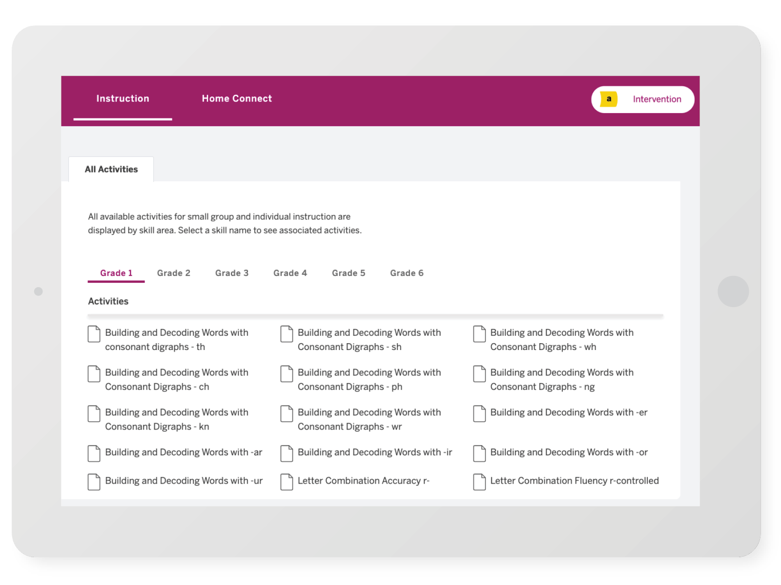 Screenshot of an mclass with boost reading educational software interface displaying various grade-level activities for building and decoding words with consonant digraphs.