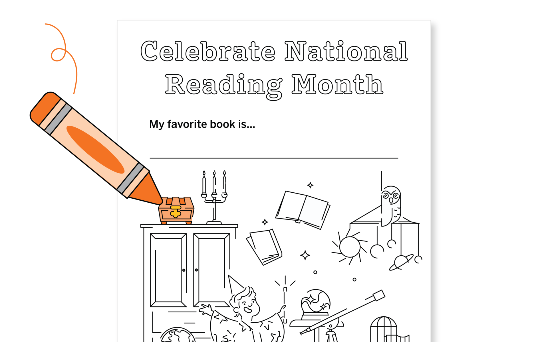 An illustration for national reading month, featuring an elementary school child joyfully imagining scenes from a book, with a giant pencil above a blank section captioned 