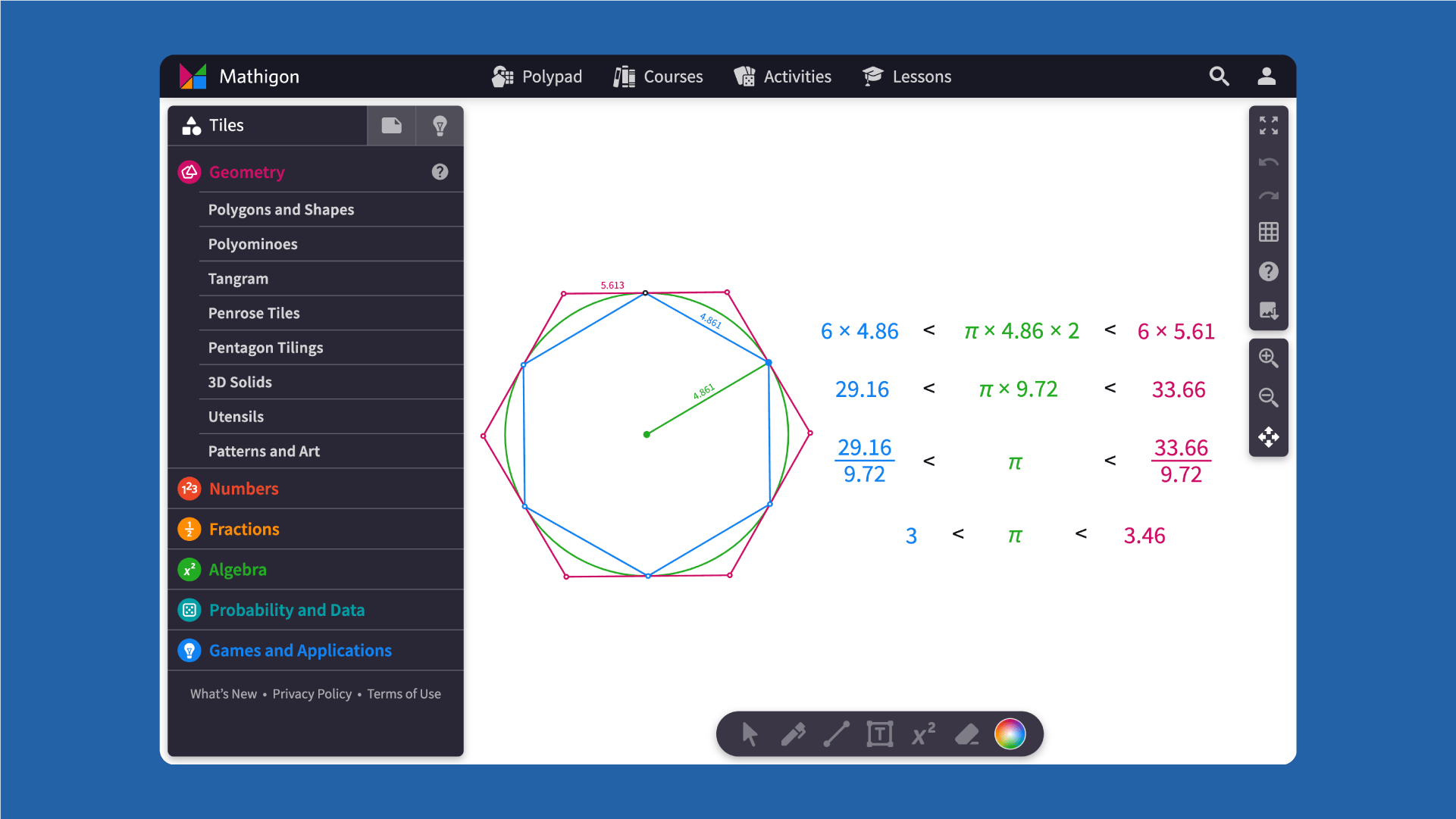 Screenshot of a mathematics software interface displaying geometric shapes and equations on a computer screen.