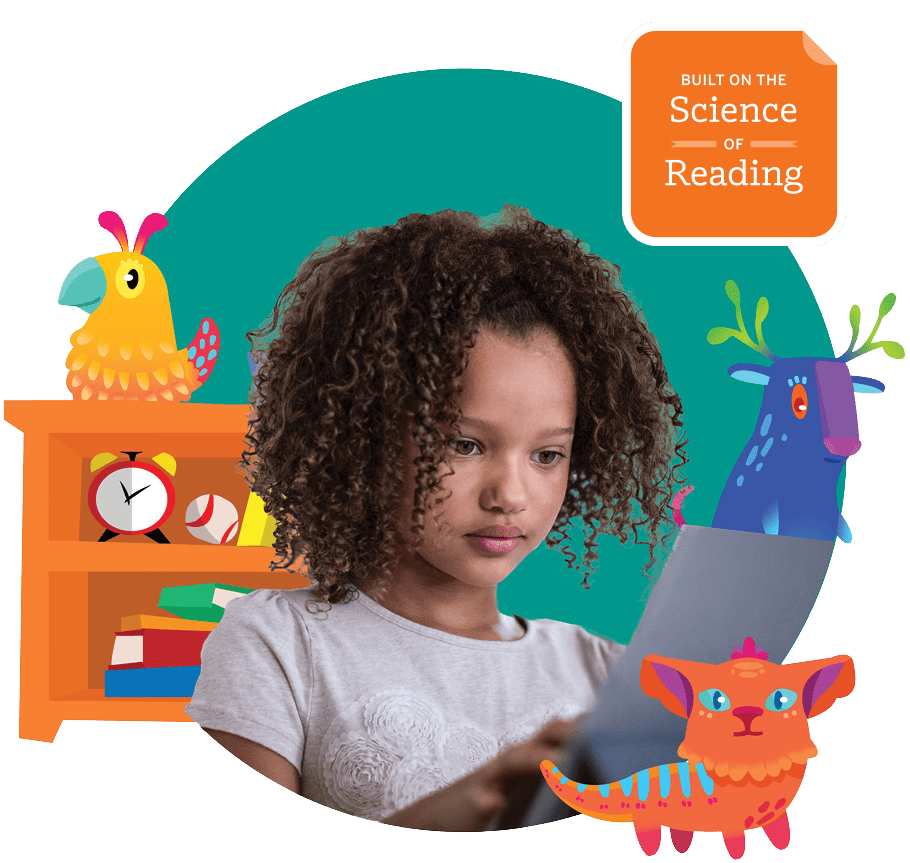Young girl with curly hair reading a book, surrounded by colorful cartoon animals and a bookshelf, with a tag stating 
