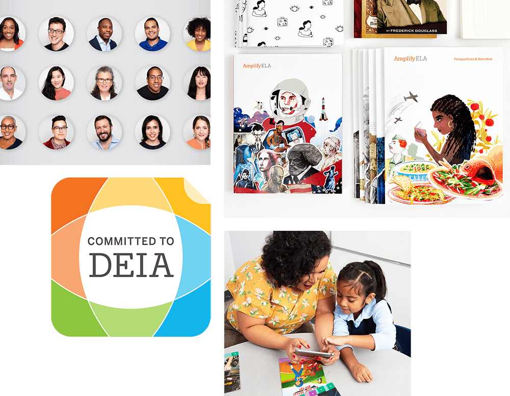 Collage of diverse professional headshots, educational books with children's illustrations, and a photo of a woman teaching a child, centered around a 