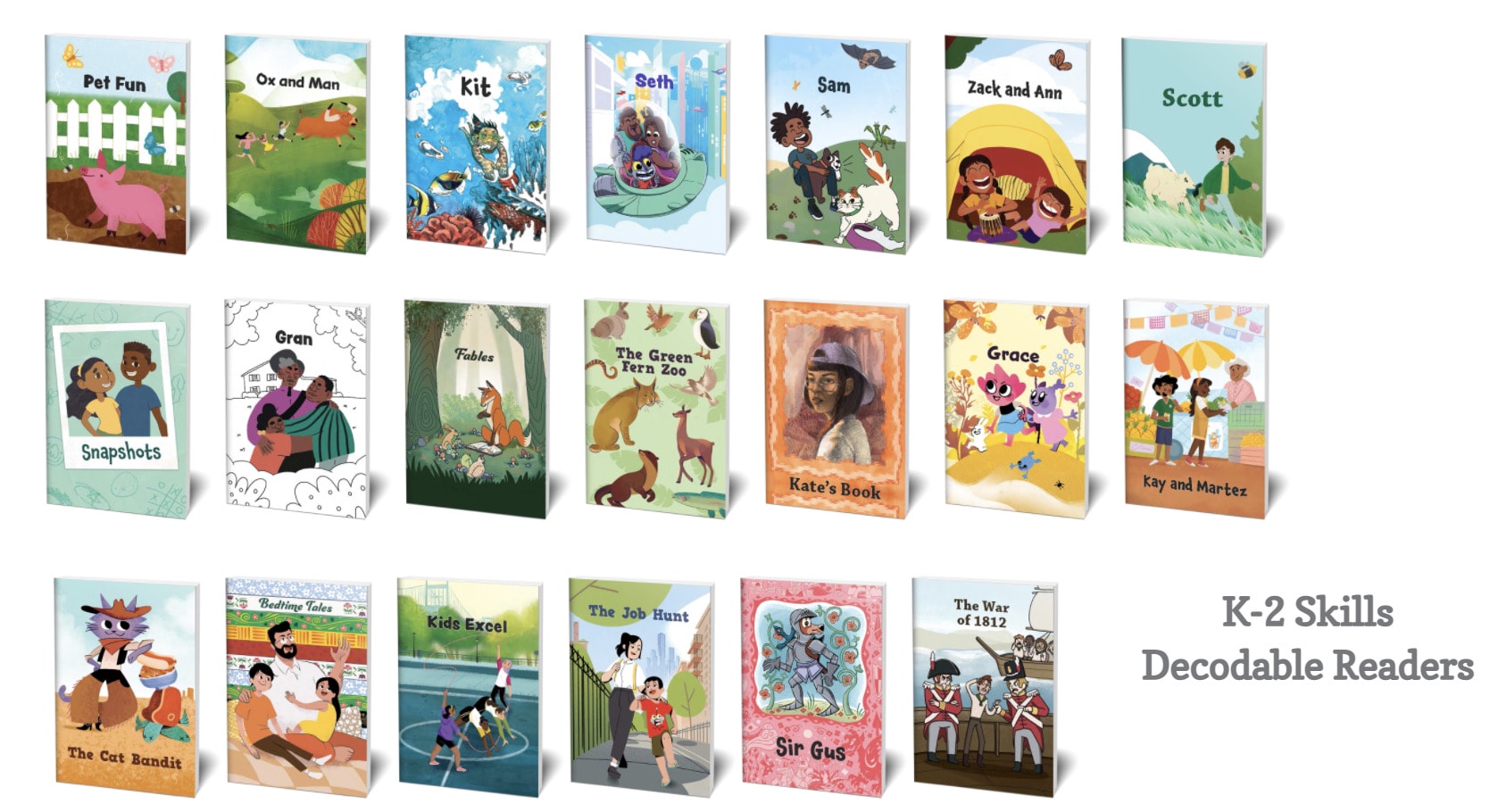 A collection of colorful Amplify CKLA K-2 skills decodable readers book covers featuring various whimsical illustrations of children and animals in different settings.