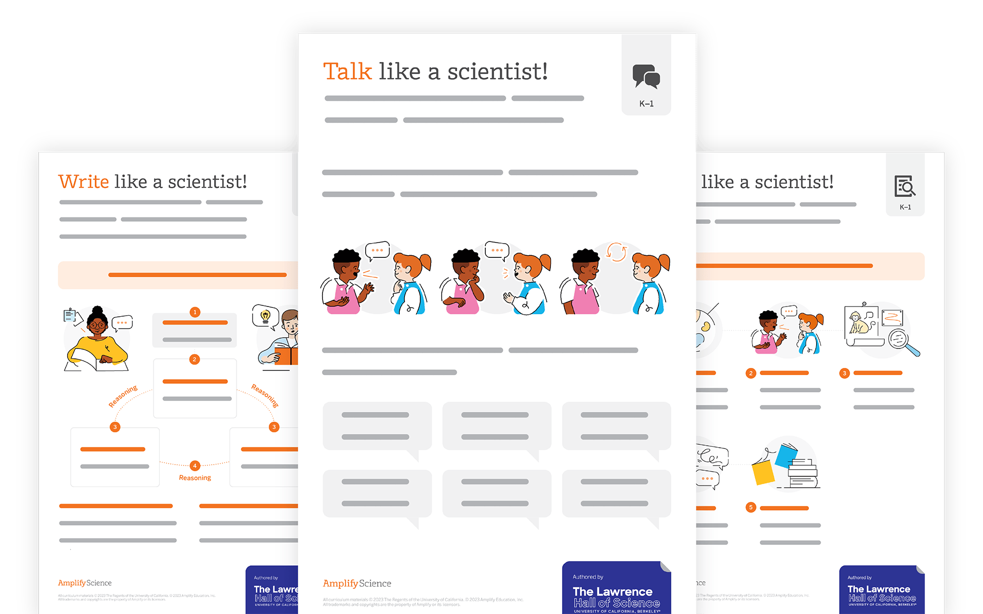 Illustration of an educational webpage interface with features highlighted, including diverse cartoon characters integrating science and literacy in their discussions.