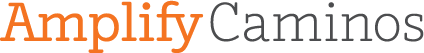 Logo of Amplify Caminos featuring stylized text in orange and dark gray, representing the Spanish language.
