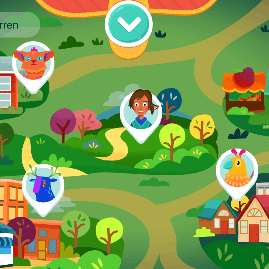 Illustration of a colorful, stylized map showing various buildings, roads, trees, and icons with people engaged in different reading activities or roles related to the science of reading.
