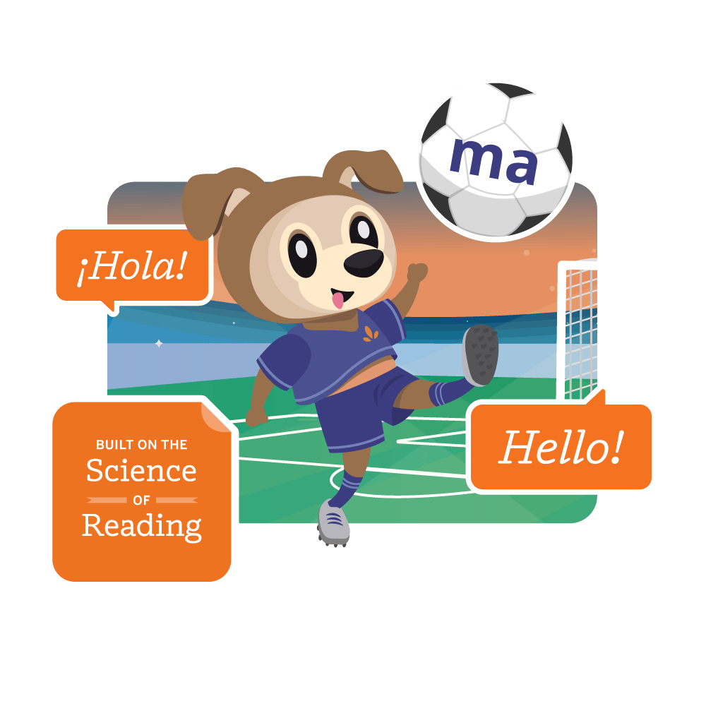 Program game graphic from Boost Lectura’s Spanish K–5 personalized learning curriculum showing English and Spanish text.