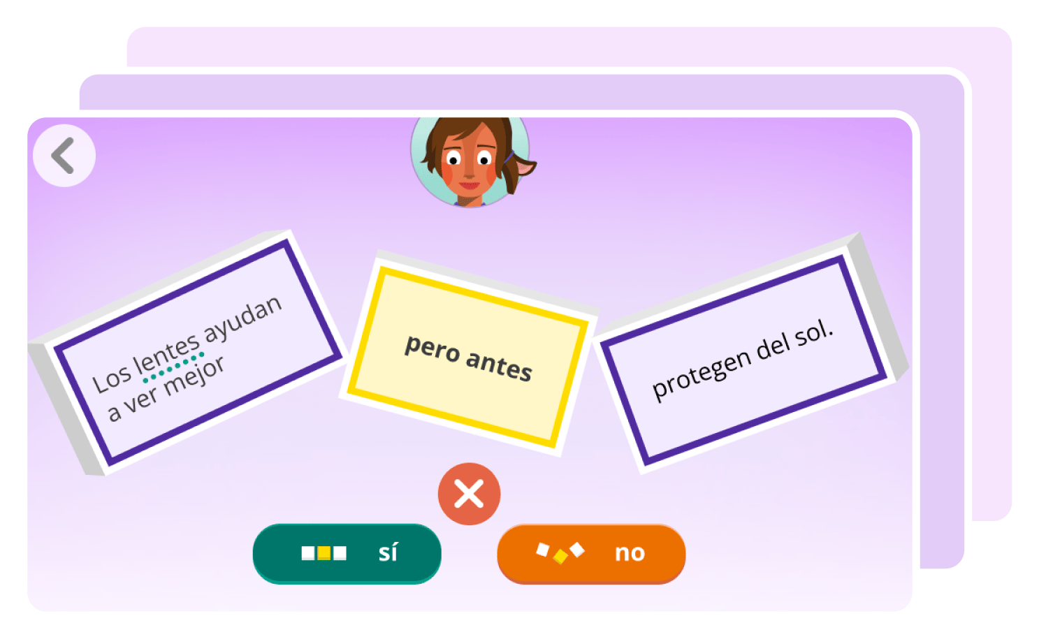 Digital flashcards in Spanish displayed on a purple background, featuring text about glasses, a cartoon character, and yes/no buttons as part of Personalized Spanish literacy instruction.