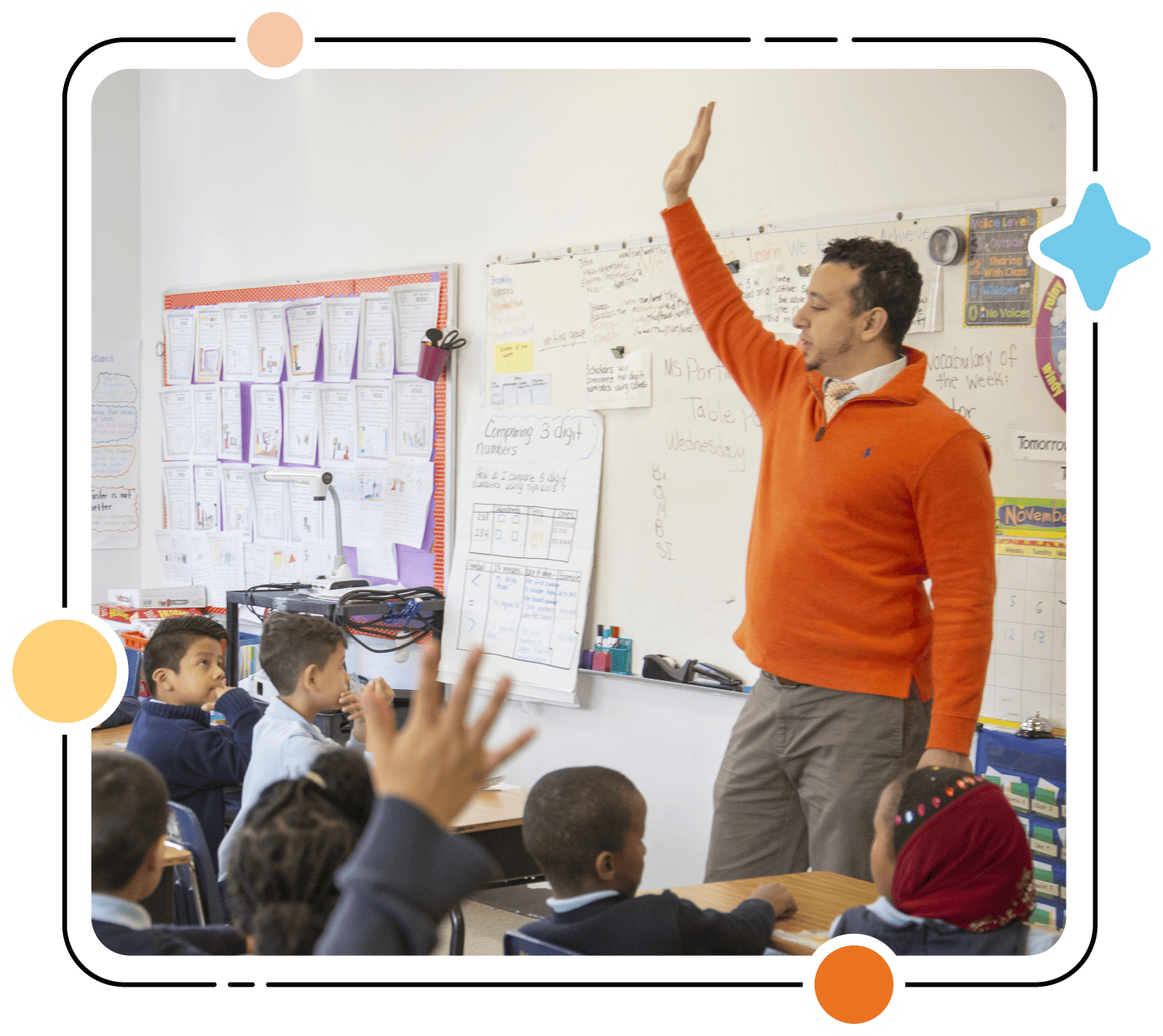 Male teacher in an orange sweater teaching a biliteracy program to a class of elementary students, with multiple students raising their hands to answer a question.