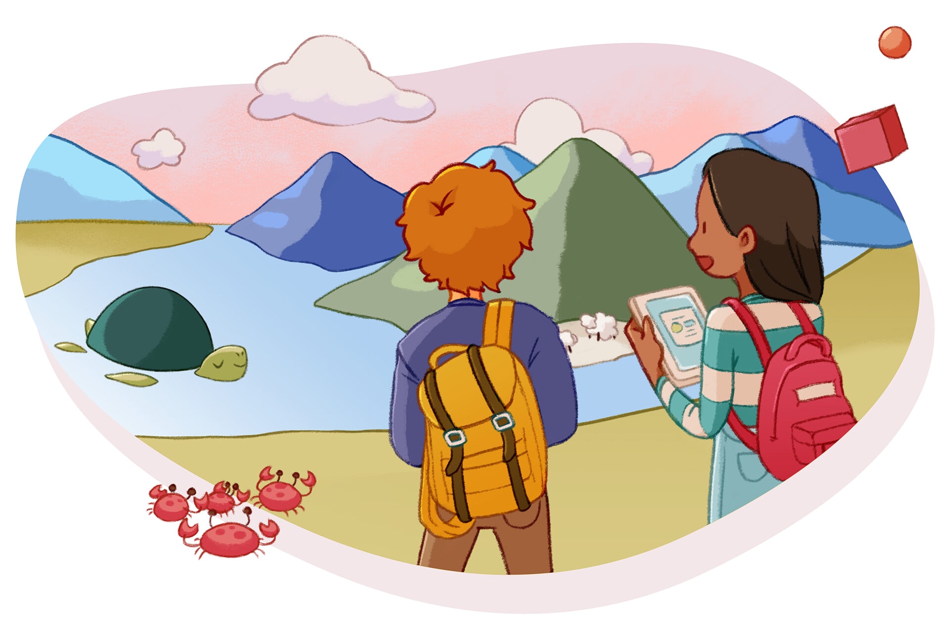Two hikers with backpacks consulting a map by a mountain lake, with crabs and a colorful landscape in the background as part of an 