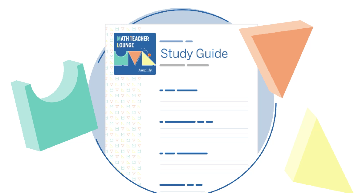 Graphic depicting a math educators lounge study guide with a clipboard, text lines, and colorful geometric shapes.