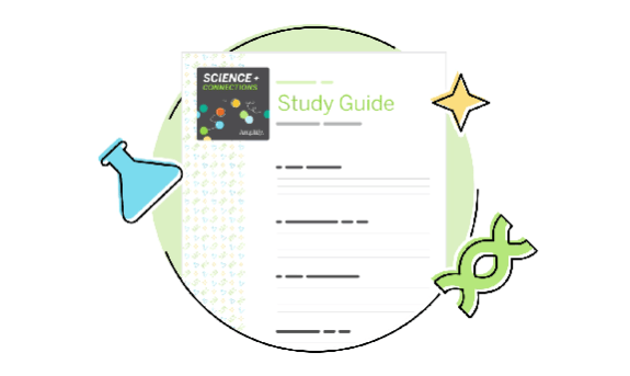 Illustration of a study guide with text fields, decorated with science-themed icons like a microscope, molecules, and Science Connections.