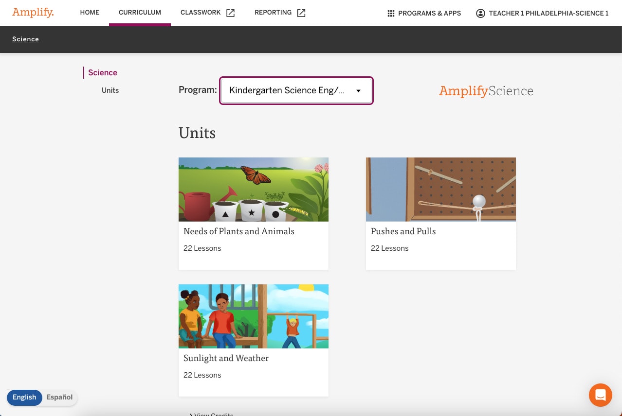 Screenshot of the amplify science education website, displaying a menu with options 