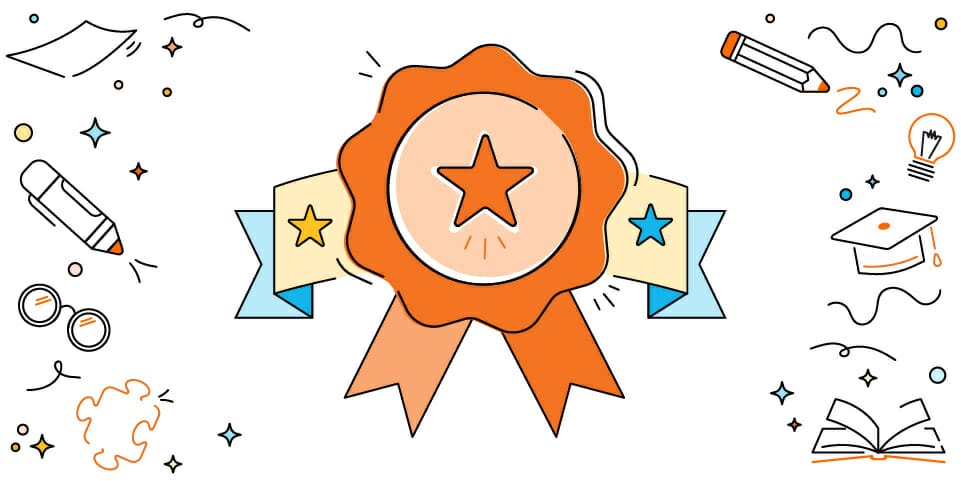 Illustration of an award ribbon with a star, surrounded by symbols of education and achievement such as a graduation cap, book, pencil, and elements related to the science of reading.