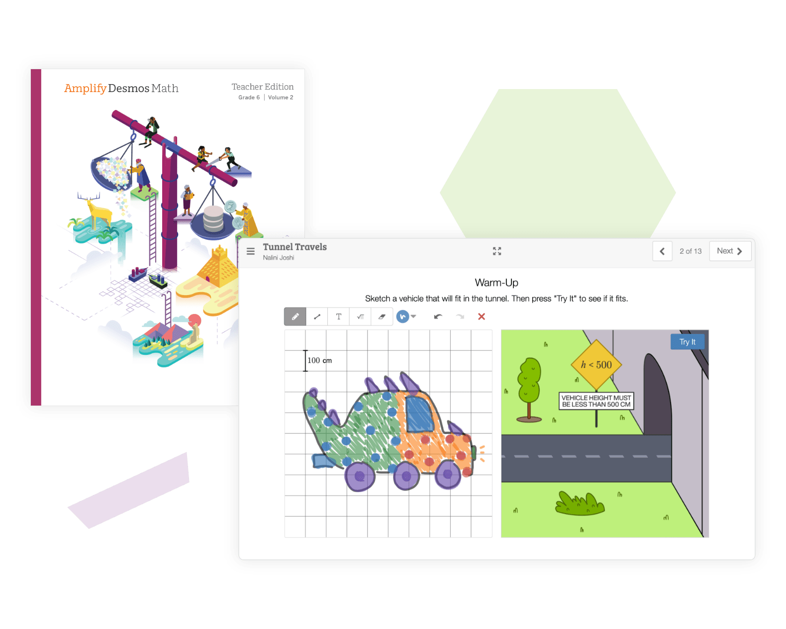 Illustration of an educational software interface displaying a New York math problem about a dinosaur-shaped car traveling through a tunnel, alongside other colorful learning materials.