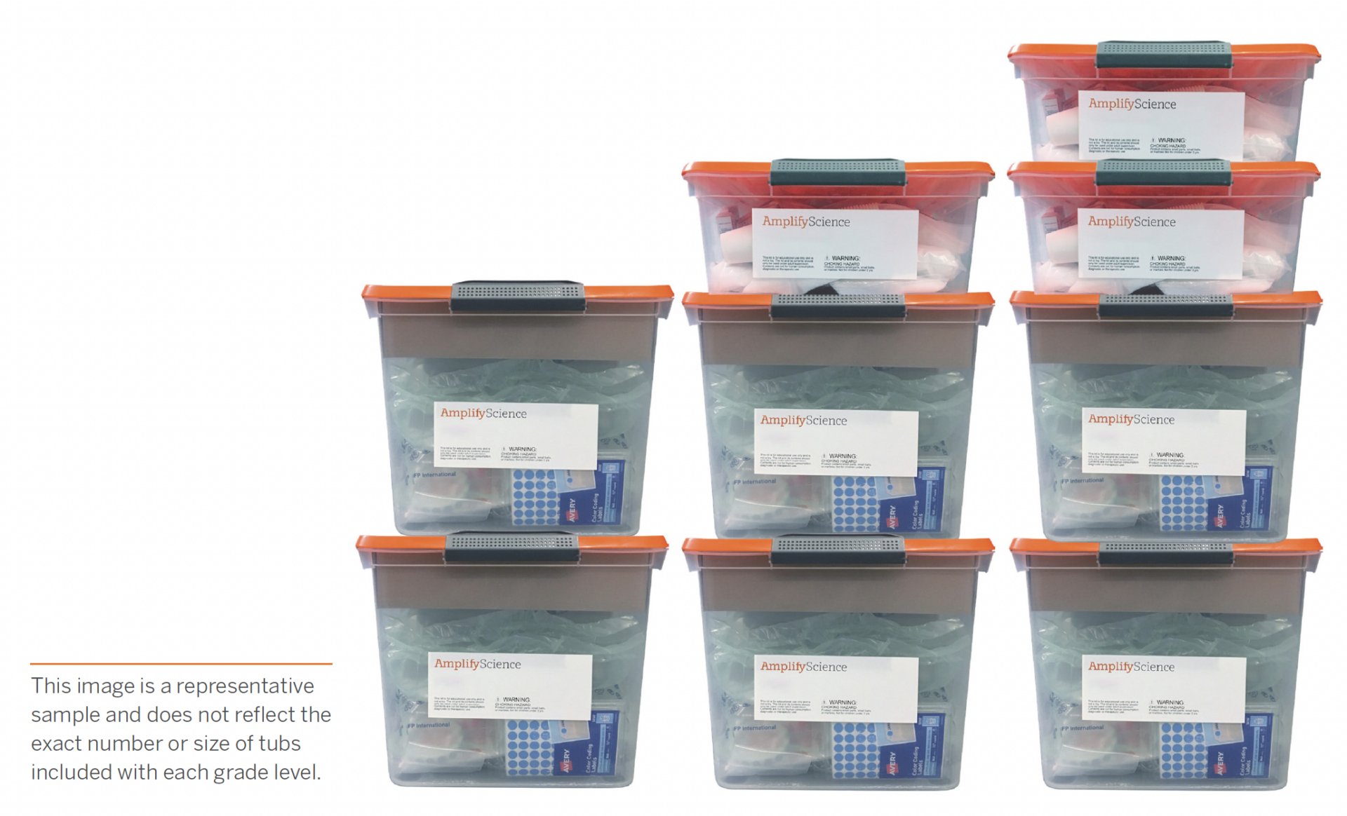 Stacked storage bins with labels, arranged neatly; caption notes they are a sample and may not reflect actual quantities or sizes.