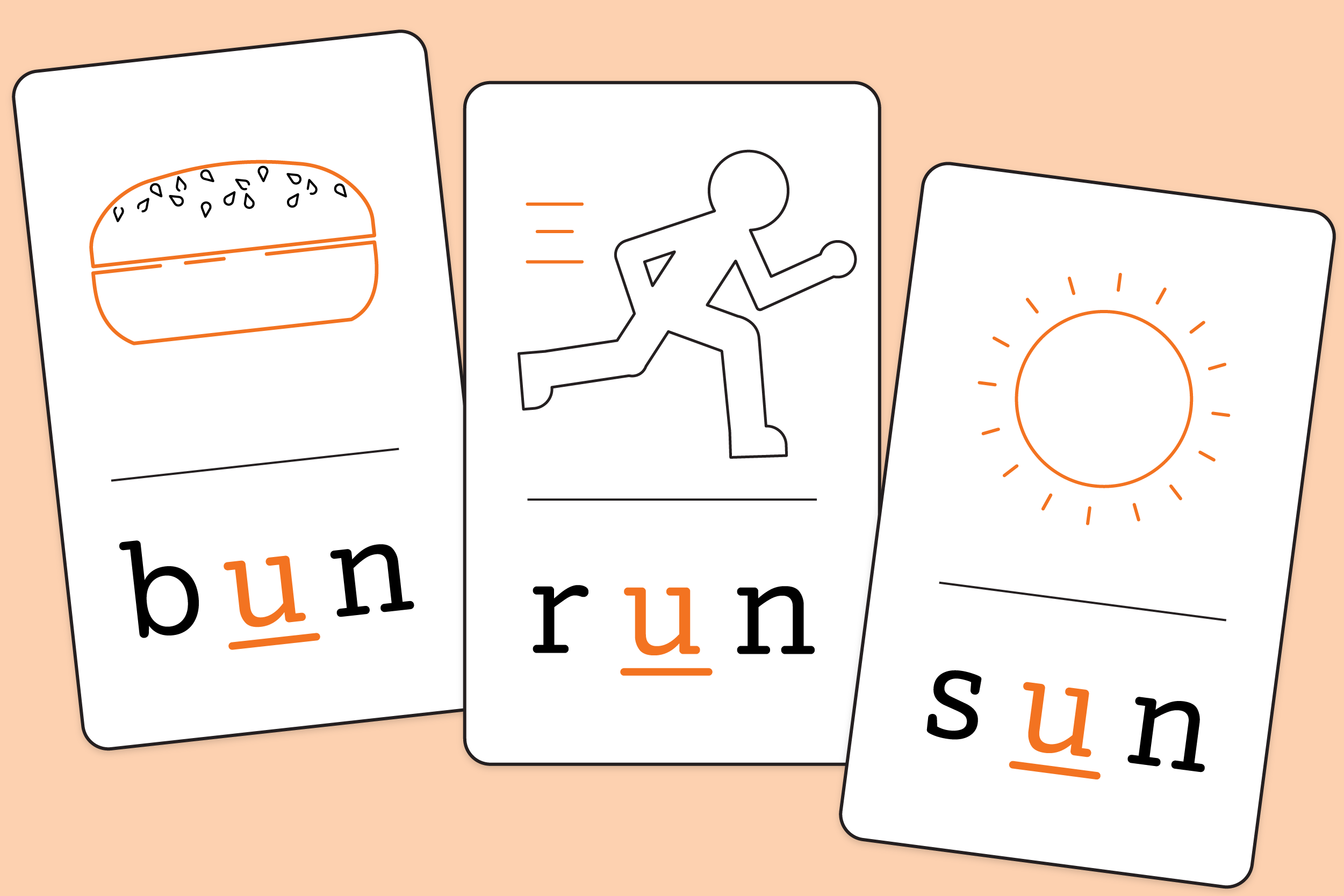 Vocabulary cards that say bun, run, and sun