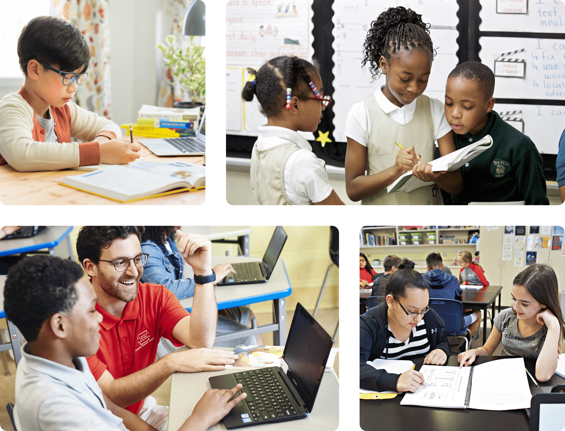 Collage of diverse classroom scenes, featuring students and teachers engaged in different educational activities such as reading, using laptops, and discussing.
