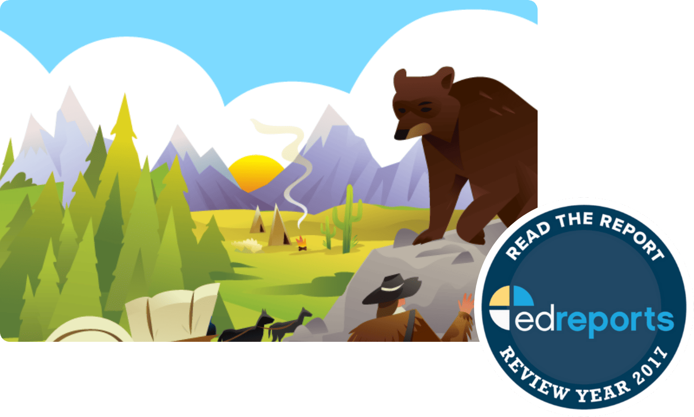 Illustration of a bear on a rock overlooking a mountain landscape with a badge overlay reading 