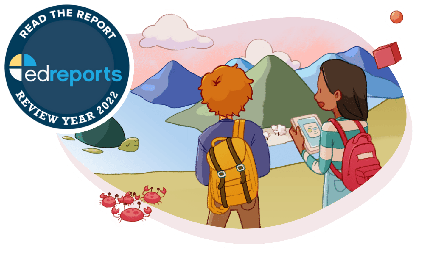 Illustration of two hikers with backpacks looking at a map, with a 