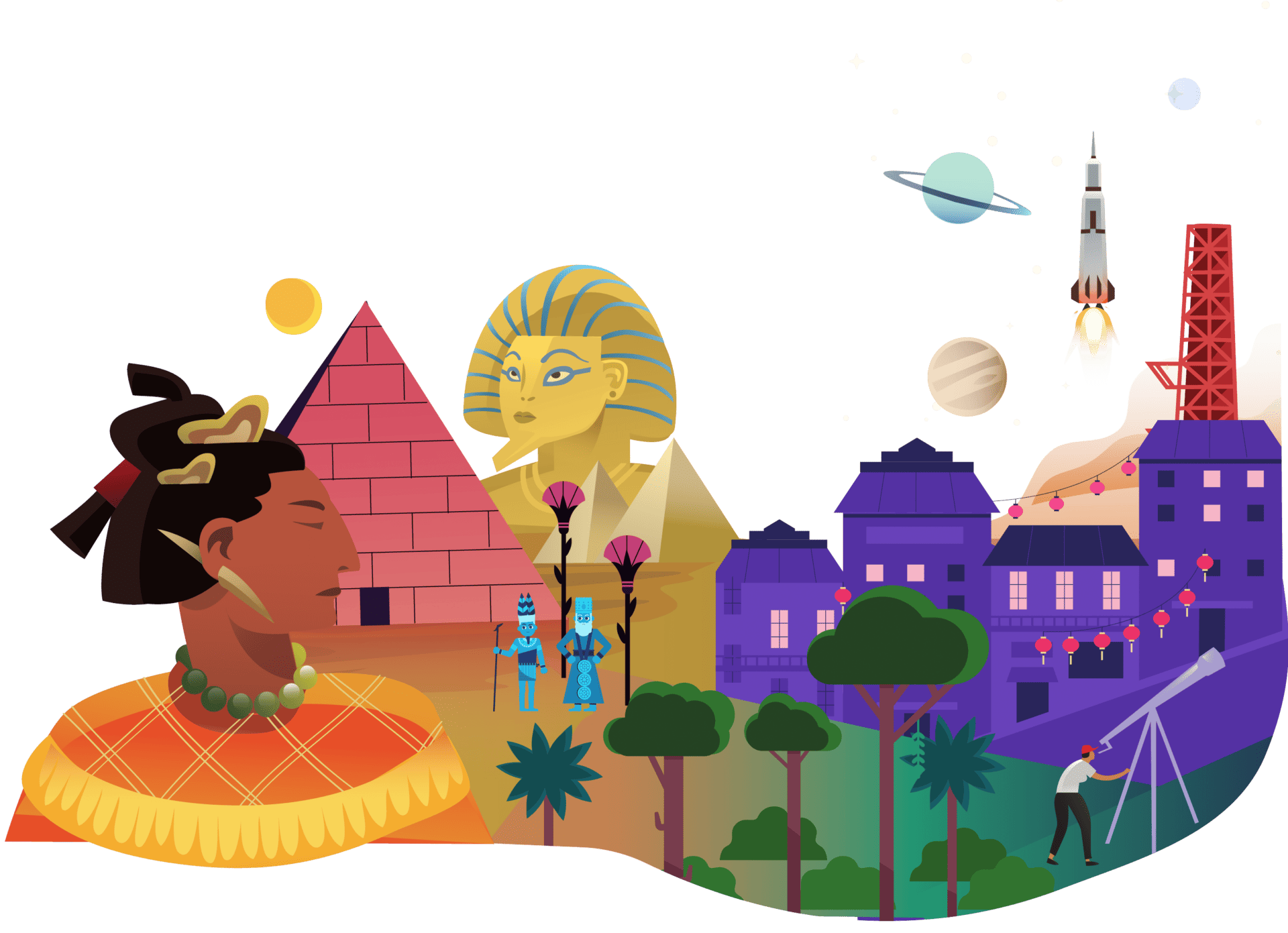 Illustration featuring diverse cultural and historical elements like an african woman, an egyptian sphinx, a space rocket, and urban and natural landscapes under a starry sky.