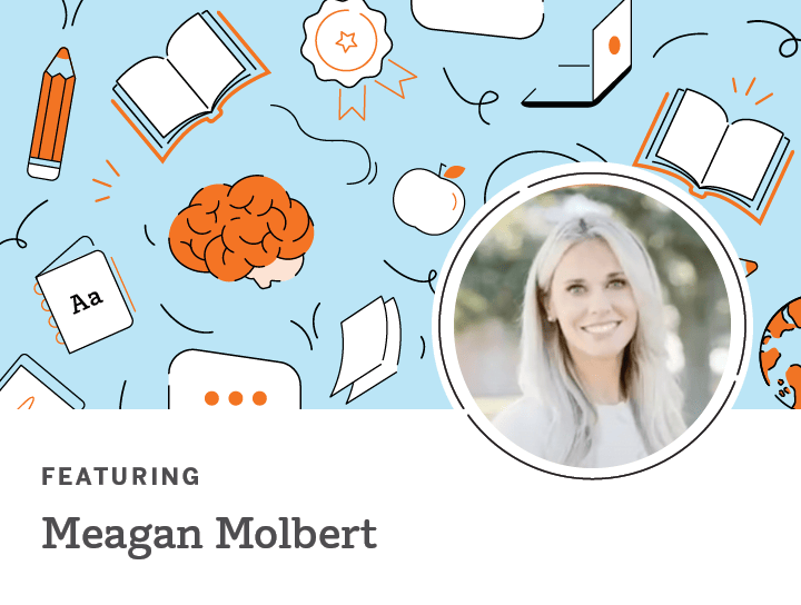 A promotional graphic featuring a smiling woman named Meagan Molbert, surrounded by illustrated K-5 reading resources like books, a brain, and pencils on a blue background.