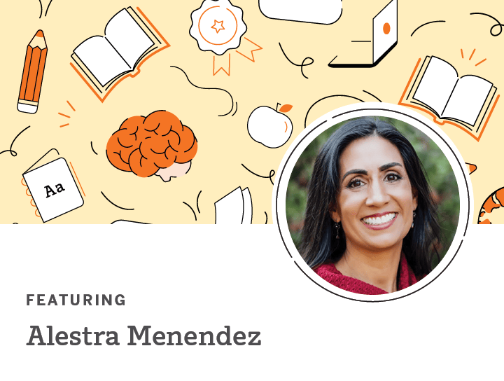 Promotional graphic for an educational event focused on the science of reading, featuring a smiling woman named Alestra Menendez, surrounded by illustrations of books, a brain, and school supplies. Suitable for K