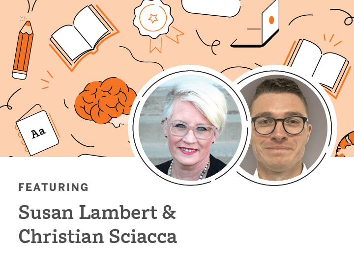 Promotional graphic featuring Susan Lambert and Christian Sciacca with illustrations of books, a brain, and speech bubbles on an orange background, highlighting science of reading resources.