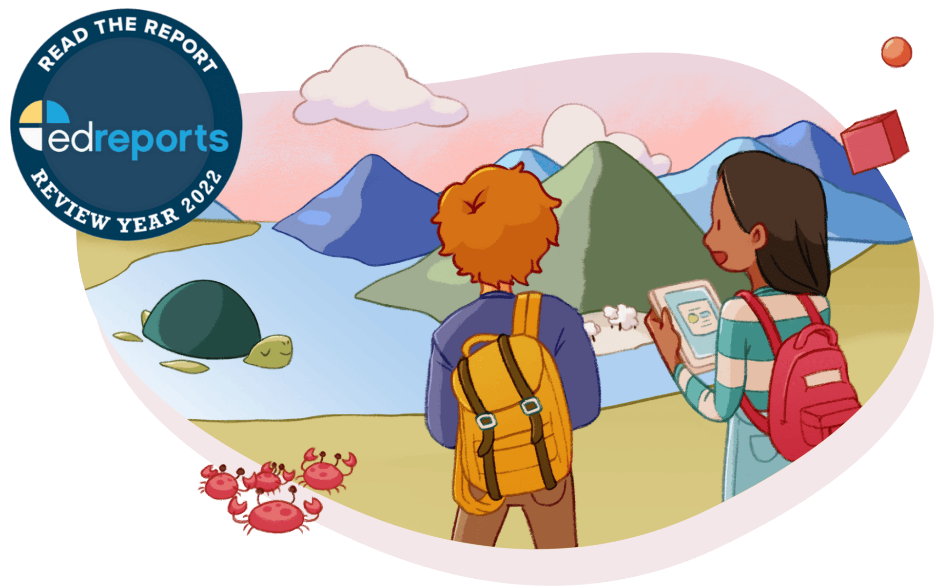 Illustration of two hikers with backpacks, one reading a map, in a scenic mountain landscape, enhanced by 