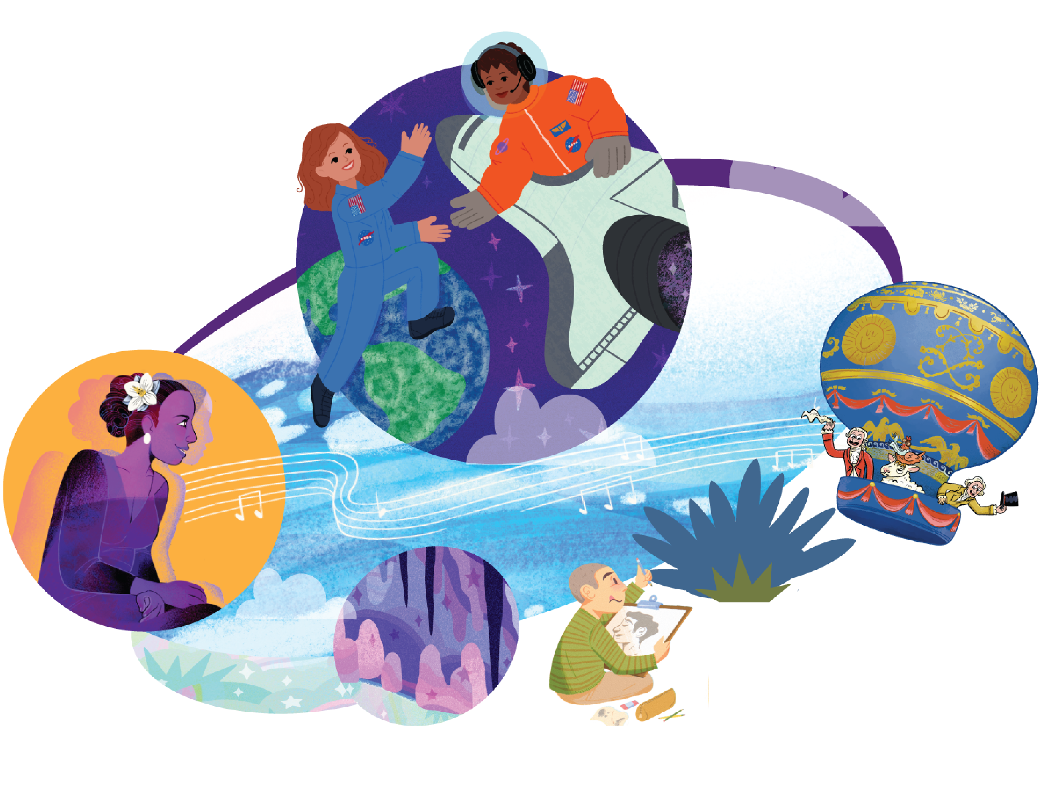 Illustration depicting diverse people engaged in various activities, including astronauts in space, a musician engaged in interdisciplinary research, and a child drawing, set against a whimsical celestial backdrop.