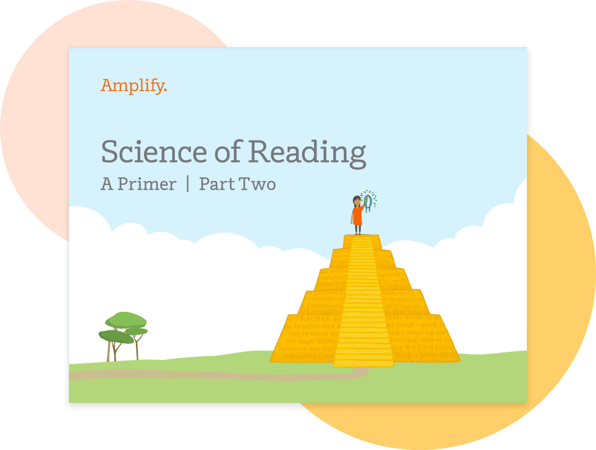 Illustration of a person standing on top of a pyramid with a book, labeled 