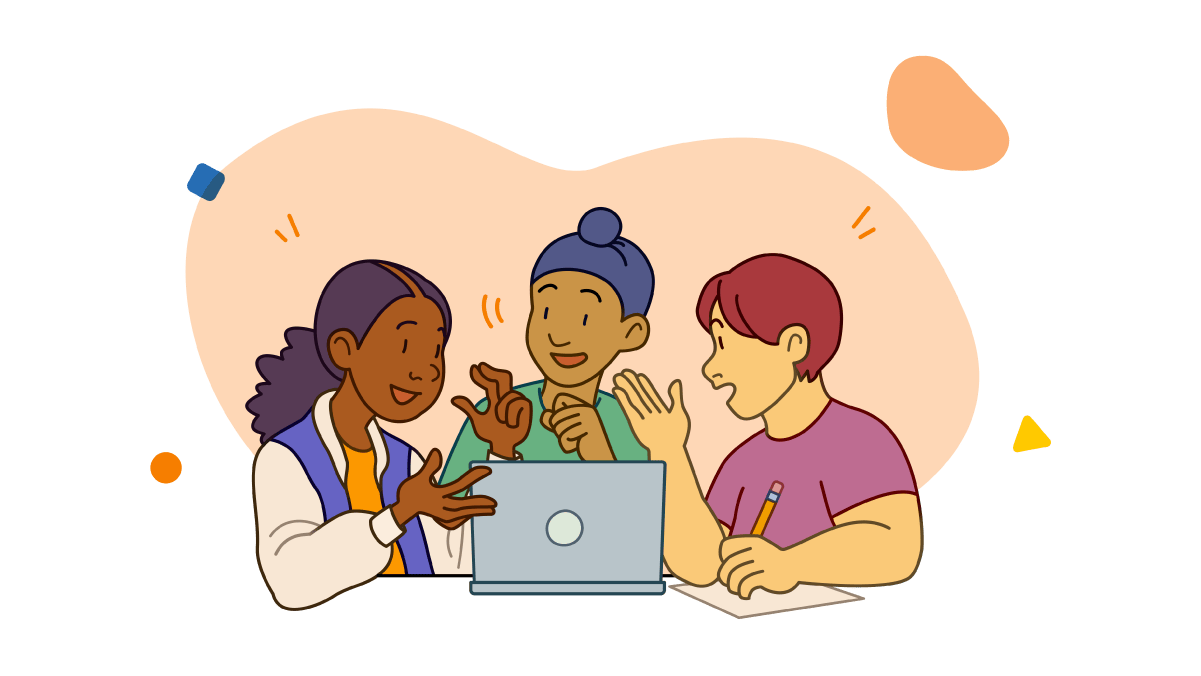 Three animated women of diverse ethnicities smiling and discussing a math curriculum around a laptop at a table, with colorful abstract shapes in the background.