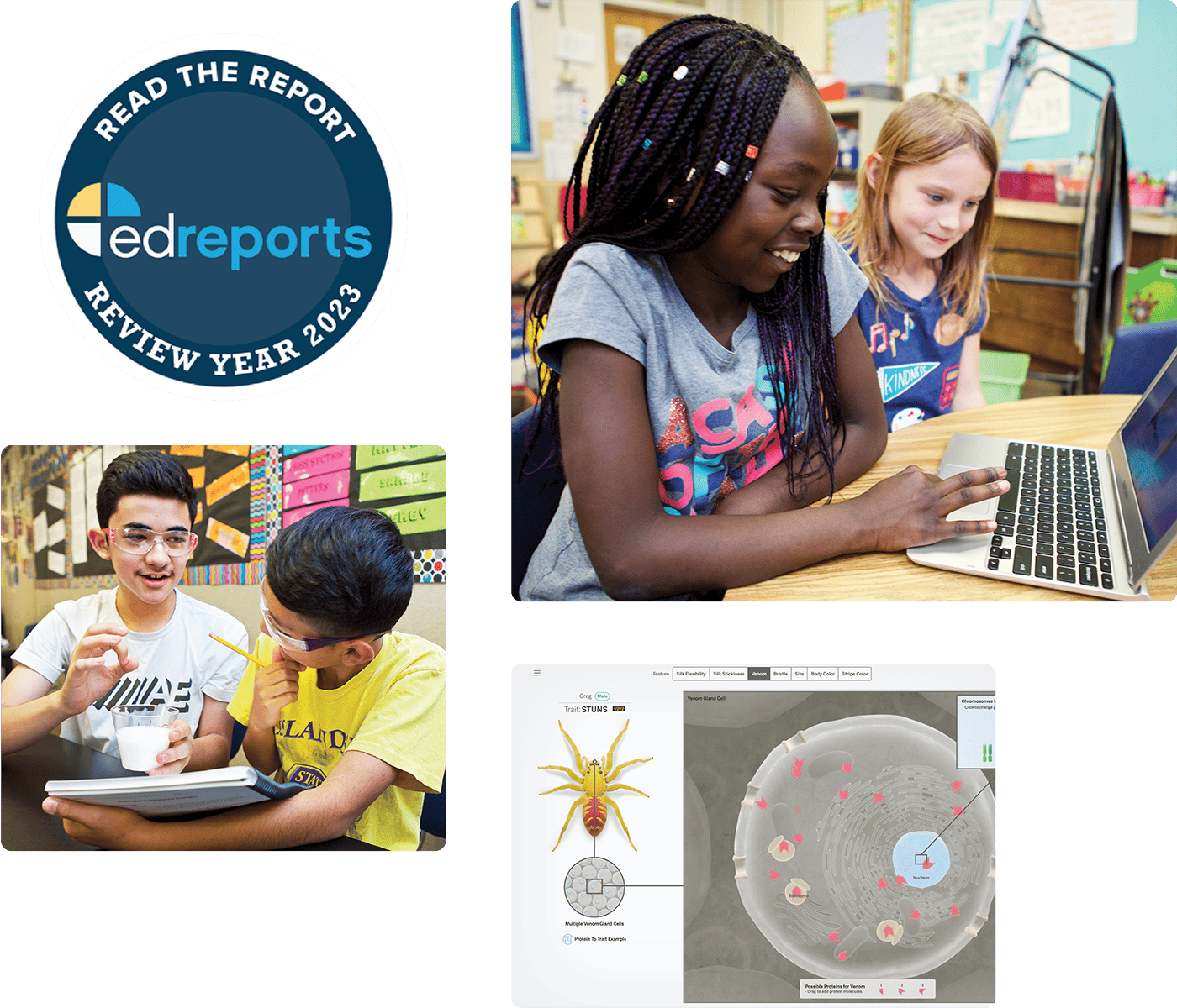 Collage of educational settings: top image of a black girl and caucasian girl using a laptop, middle of edreports logo, and bottom of two boys with a tablet and a biology textbook graphic.
