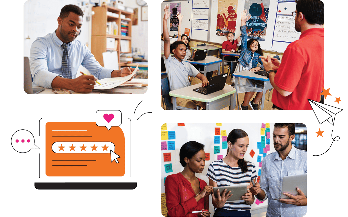 Collage of educational scenes: a teacher grading papers, a classroom with students and an ambassador educator, and professionals discussing over a tablet. Icons of feedback and progress included.