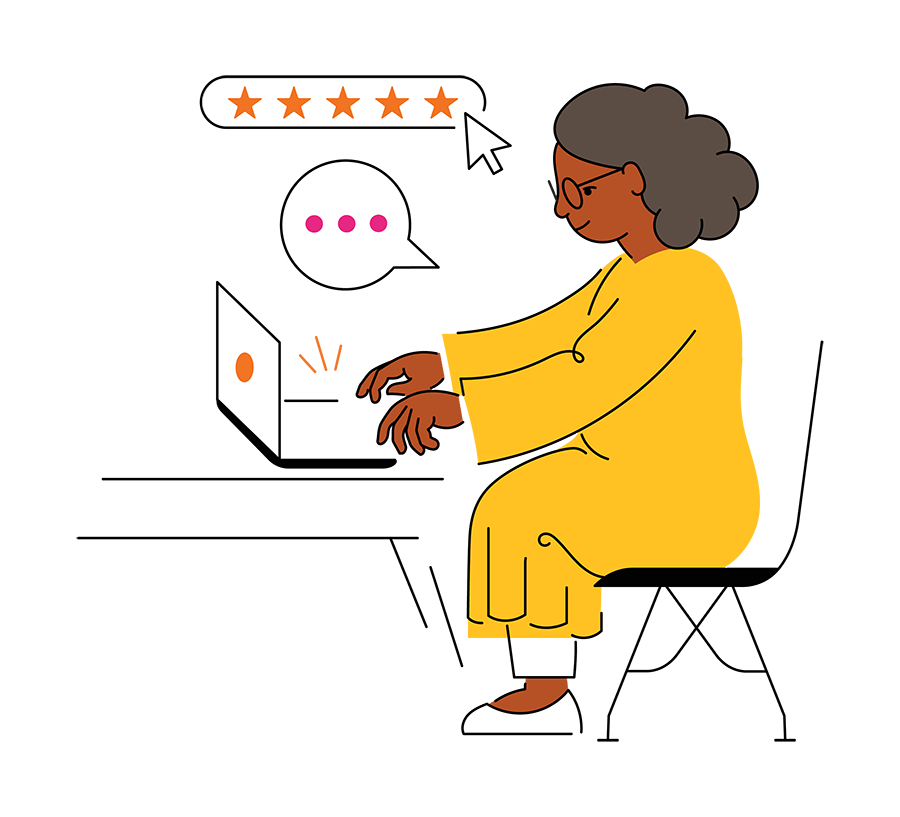 A senior woman with glasses, wearing a yellow dress, types on a laptop at a desk, and is part of the Amplify Ambassador Program as indicated by a speech bubble showing a five-star rating above