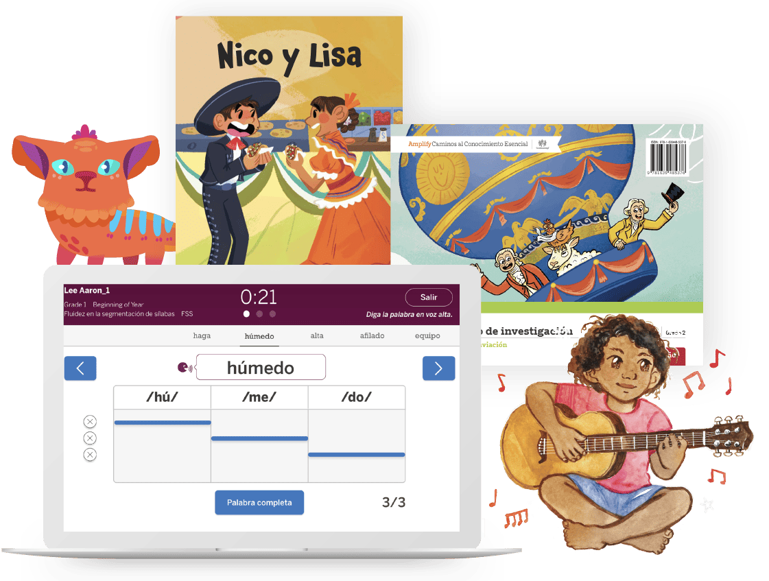 Illustrations of a Spanish learning program implementing the Science of Reading, featuring a laptop displaying a language exercise, and children's books with characters dancing and playing guitar.