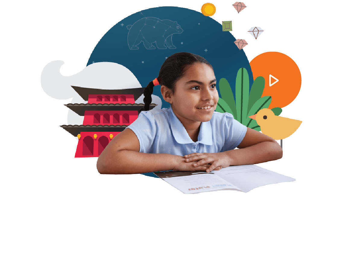 A young girl smiling while studying an early literacy reading program, with imaginative graphics of cultural and nature icons floating around her.